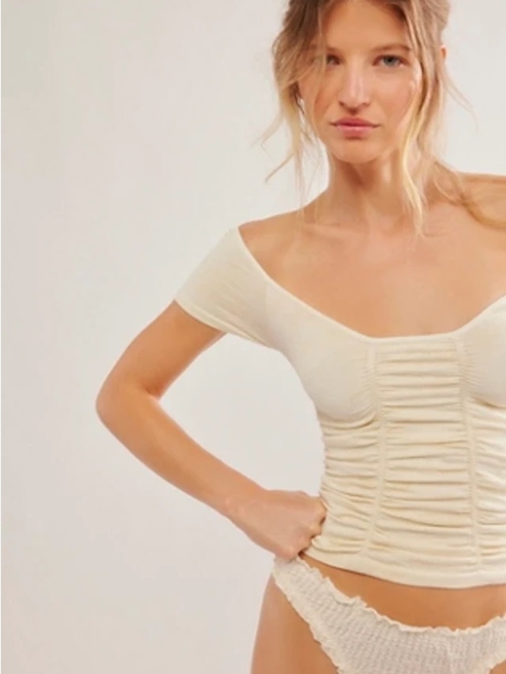 Free People Cream Off-Shoulder Ruched Crop Top